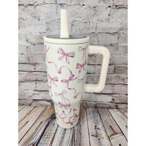 Pink Bows Spill Free Stainless Steel Vacuum Tumbler NEW Straw
